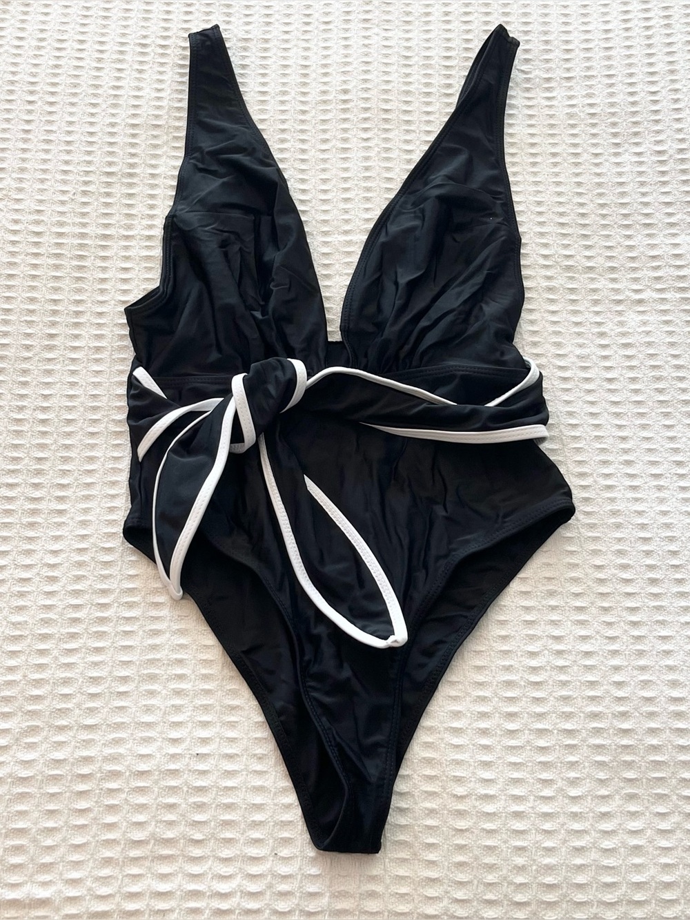 SHEIN Black One-Piece Swimsuit with White Trim and Side Bow